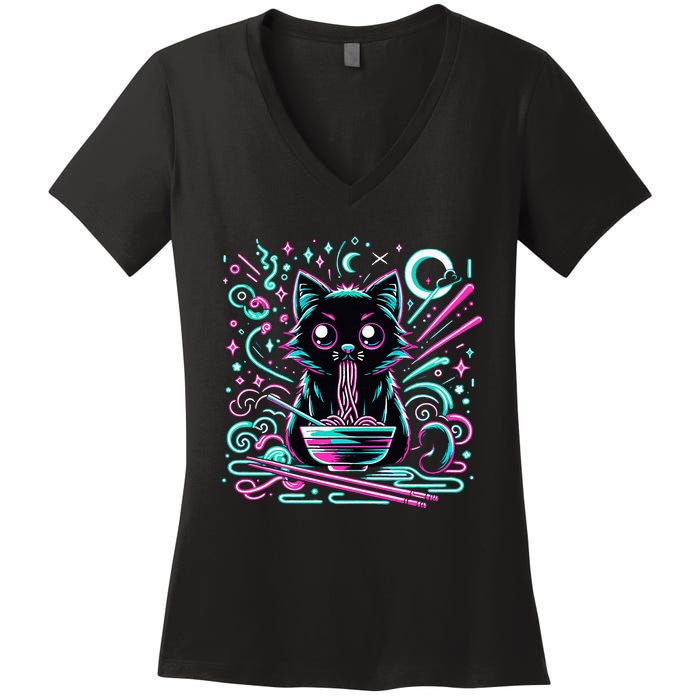 Cat Retro Japanese Noodles Aesthetic Kawaii Cat Women's V-Neck T-Shirt