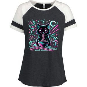 Cat Retro Japanese Noodles Aesthetic Kawaii Cat Enza Ladies Jersey Colorblock Tee