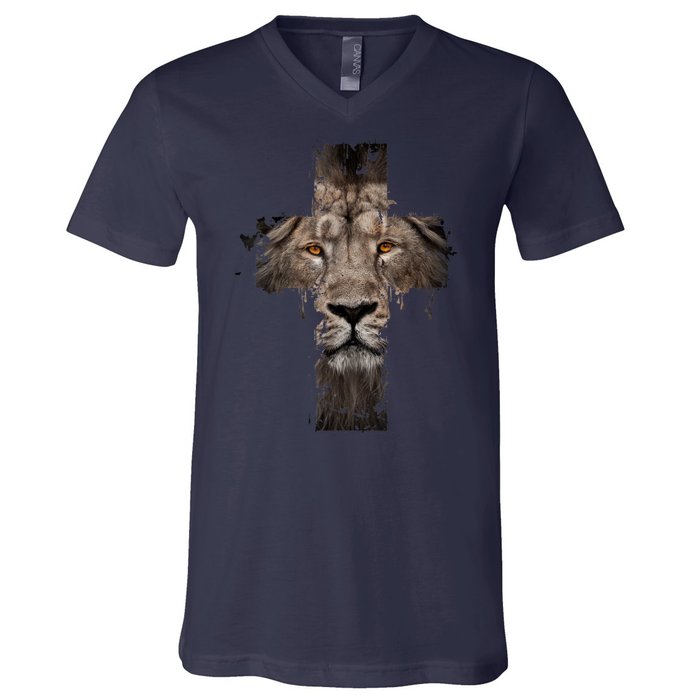 Christian Religious Jesus The Lion Of Judah Cross Retro V-Neck T-Shirt