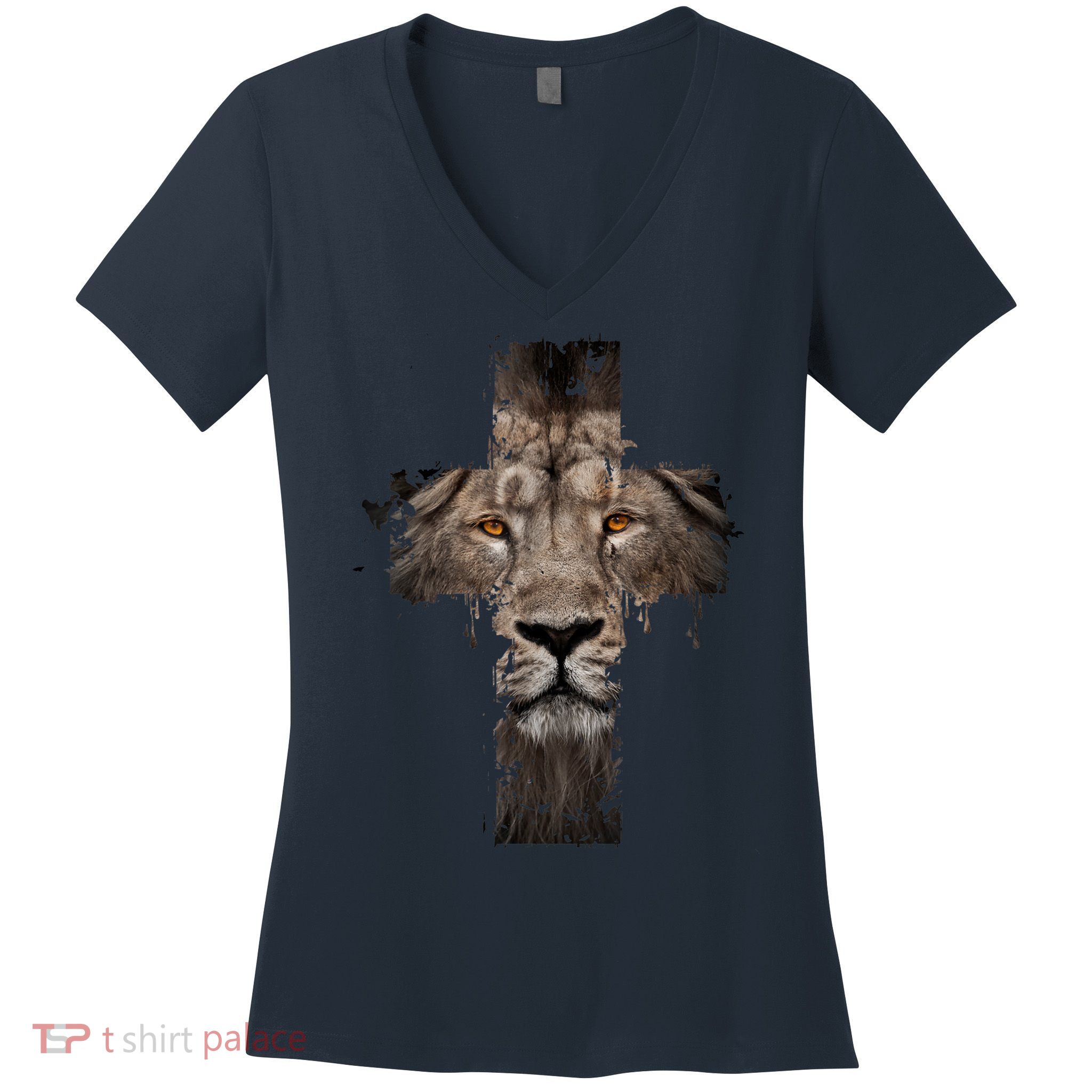 Christian Religious Jesus The Lion Of Judah Cross Retro Women's V-Neck T-Shirt