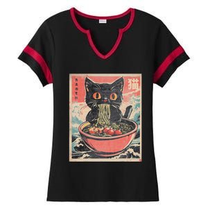 Cat Ramen Japanese Funny Kawaii Cat Anime Ladies Halftime Notch Neck Tee