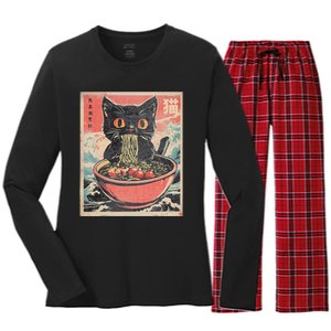 Cat Ramen Japanese Funny Kawaii Cat Anime Women's Long Sleeve Flannel Pajama Set 