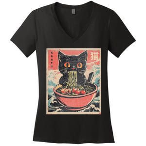 Cat Ramen Japanese Funny Kawaii Cat Anime Women's V-Neck T-Shirt