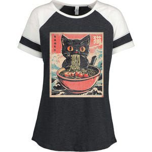 Cat Ramen Japanese Funny Kawaii Cat Anime Enza Ladies Jersey Colorblock Tee