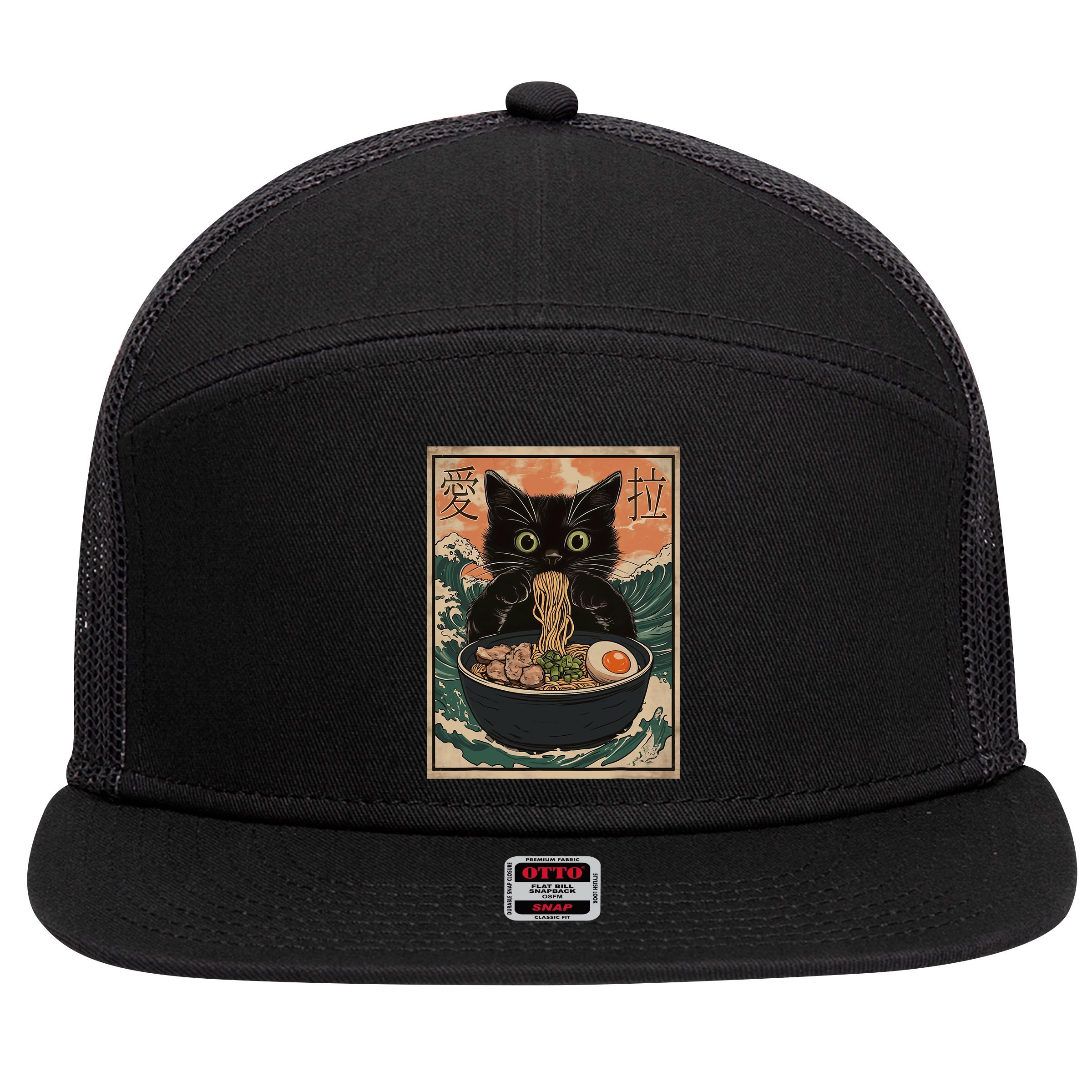 Cat Ramen Japanese Art Great Wave Kanagawa Funny Graphic 7 Panel Mesh Trucker Snapback Hat