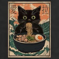 Cat Ramen Japanese Art Great Wave Kanagawa Funny Graphic 7 Panel Mesh Trucker Snapback Hat