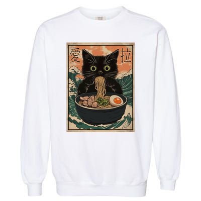 Cat Ramen Japanese Art Great Wave Kanagawa Funny Graphic Garment-Dyed Sweatshirt