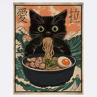 Cat Ramen Japanese Art Great Wave Kanagawa Funny Graphic Flatbill Hat