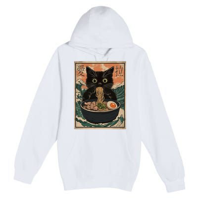 Cat Ramen Japanese Art Great Wave Kanagawa Funny Graphic Premium Pullover Hoodie