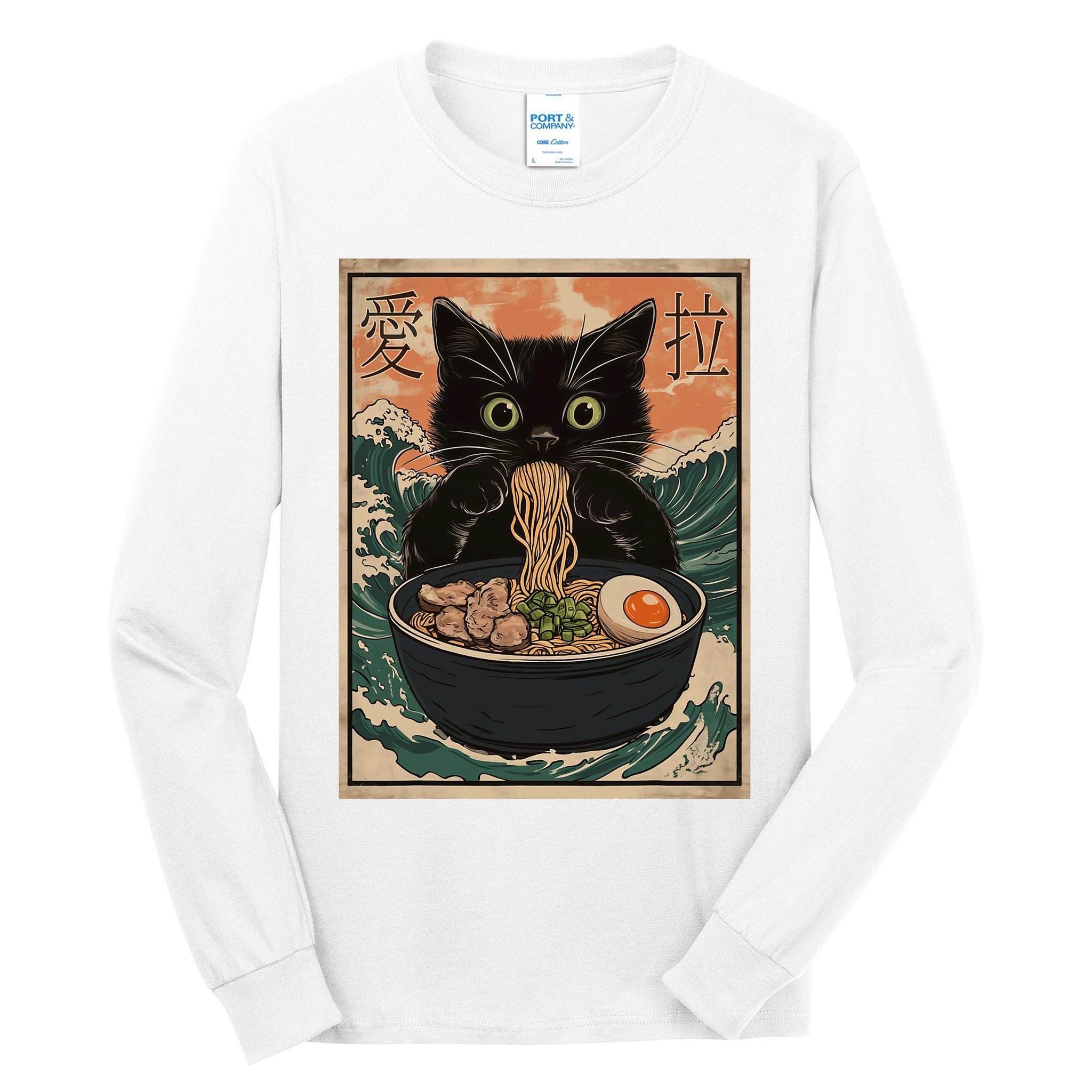 Cat Ramen Japanese Art Great Wave Kanagawa Funny Graphic Tall Long Sleeve T-Shirt