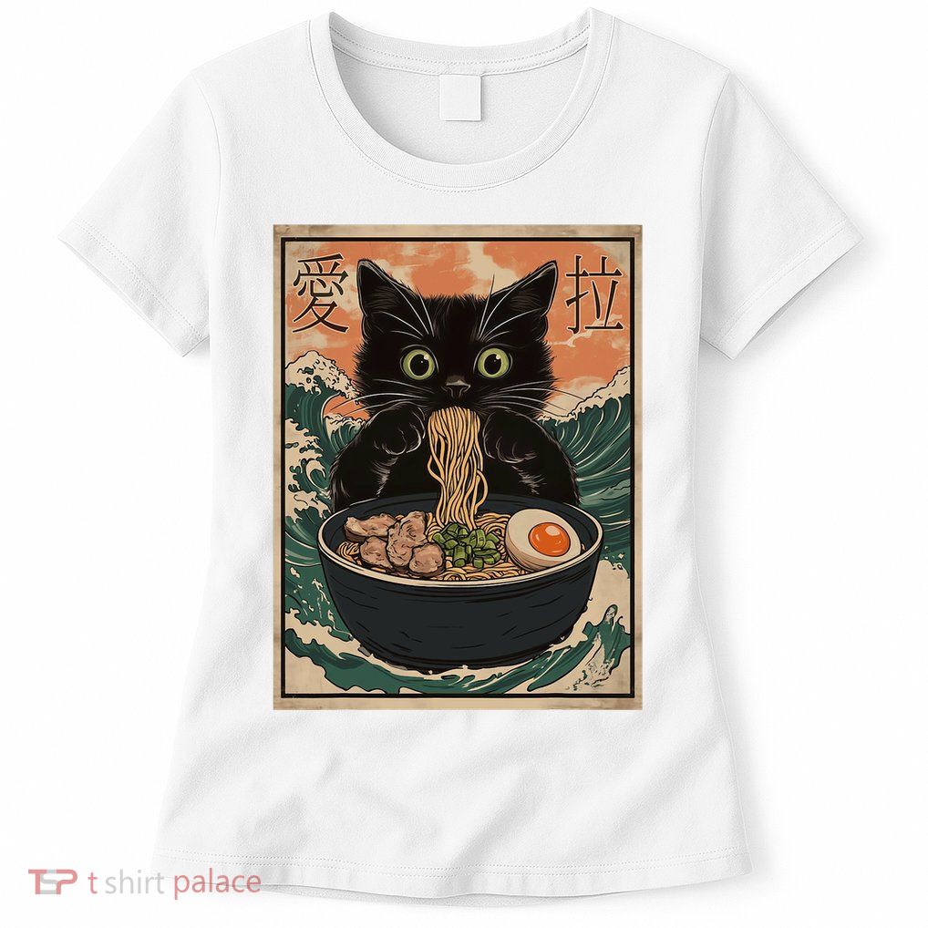 Cat Ramen Japanese Art Great Wave Kanagawa Funny Graphic Womens T-Shirt