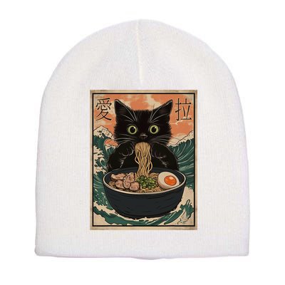 Cat Ramen Japanese Art Great Wave Kanagawa Funny Graphic Short Acrylic Beanie