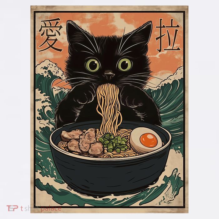 Cat Ramen Japanese Art Great Wave Kanagawa Funny Graphic Kids T-Shirt
