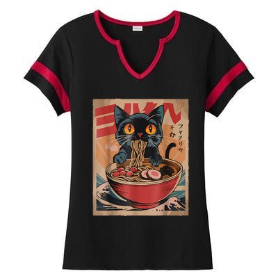 Cat Ramen Japanese Funny Graphic Tees Kawaii Cat Anime Ladies Halftime Notch Neck Tee