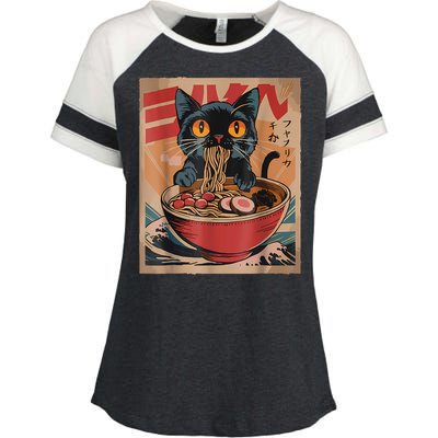 Cat Ramen Japanese Funny Graphic Tees Kawaii Cat Anime Enza Ladies Jersey Colorblock Tee