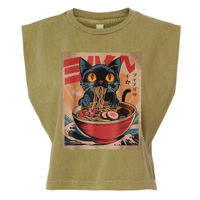 Cat Ramen Japanese Funny Graphic Tees Kawaii Cat Anime Garment-Dyed Women's Muscle Tee