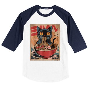 Cat Ramen Japanese Funny Graphic Tees Kawaii Cat Anime Baseball Sleeve Shirt