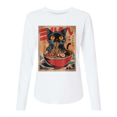 Cat Ramen Japanese Funny Graphic Tees Kawaii Cat Anime Womens Cotton Relaxed Long Sleeve T-Shirt