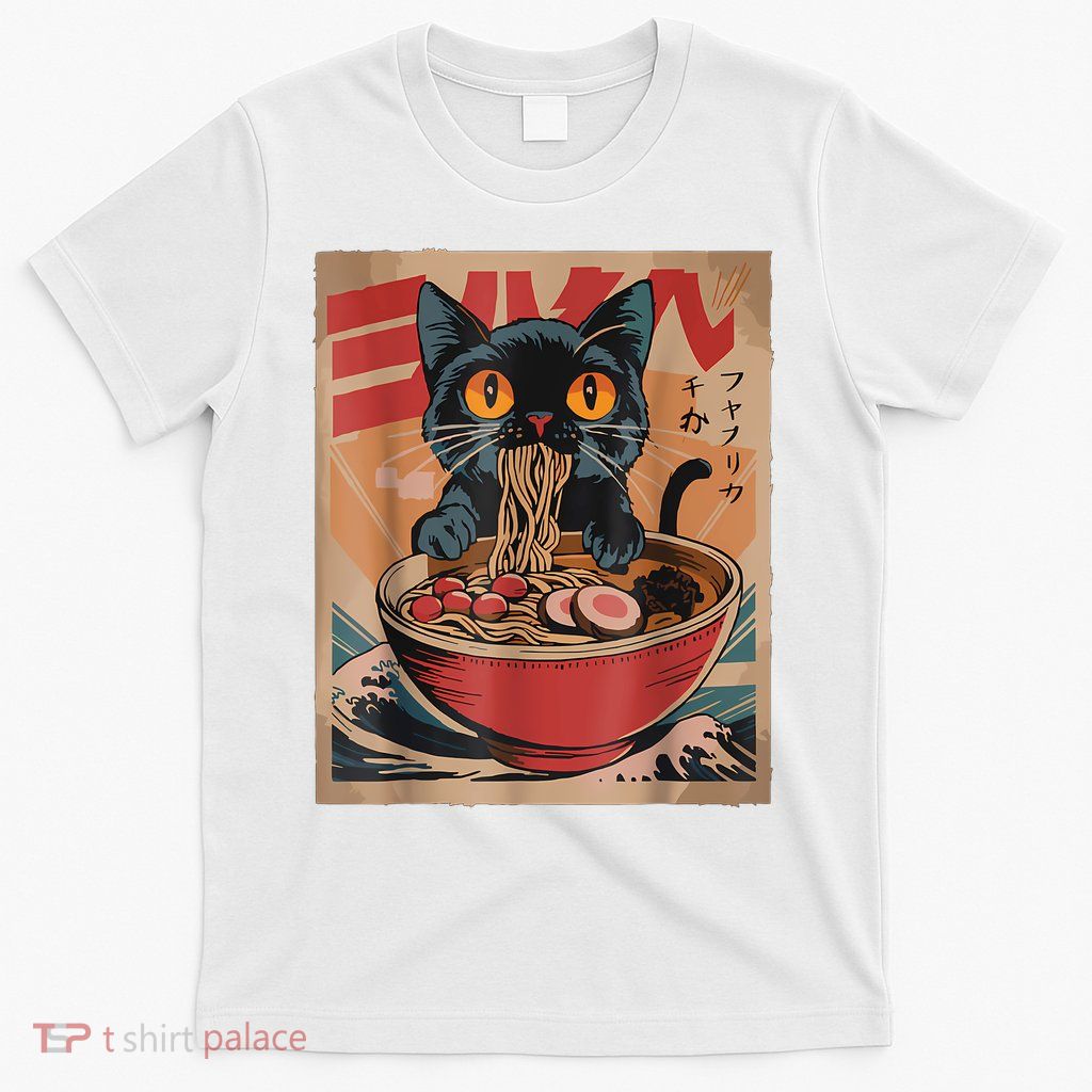 Cat Ramen Japanese Funny Graphic Tees Kawaii Cat Anime T-Shirt