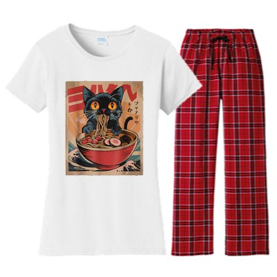 Cat Ramen Japanese Funny Graphic Tees Kawaii Cat Anime Women's Flannel Pajama Set