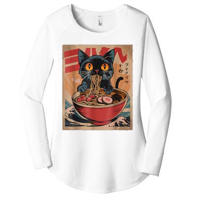 Cat Ramen Japanese Funny Graphic Tees Kawaii Cat Anime Women's Perfect Tri Tunic Long Sleeve Shirt