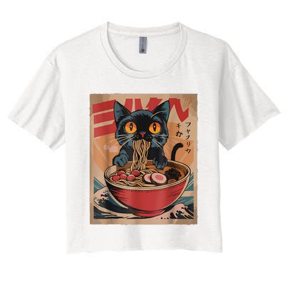 Cat Ramen Japanese Funny Graphic Tees Kawaii Cat Anime Women's Crop Top Tee