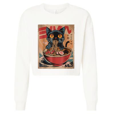 Cat Ramen Japanese Funny Graphic Tees Kawaii Cat Anime Cropped Pullover Crew