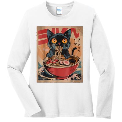 Cat Ramen Japanese Funny Graphic Tees Kawaii Cat Anime Ladies Long Sleeve Shirt