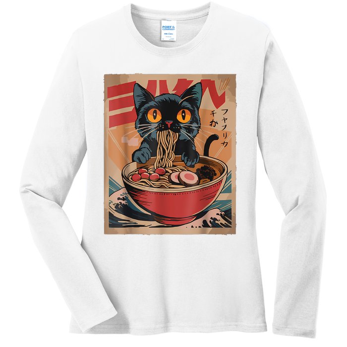 Cat Ramen Japanese Funny Graphic Tees Kawaii Cat Anime Ladies Long Sleeve Shirt