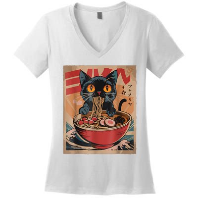 Cat Ramen Japanese Funny Graphic Tees Kawaii Cat Anime Women's V-Neck T-Shirt