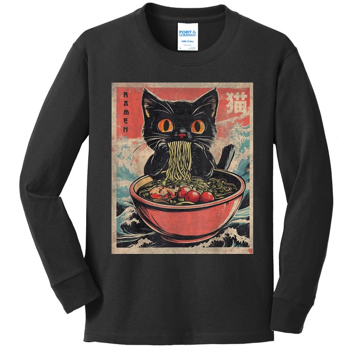 Cat Ramen Japanese Funny Graphic Tees Kawaii Cat Anime Gifts Kids Long Sleeve Shirt