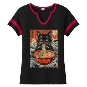 Cat Ramen Japanese Funny Graphic Tees Kawaii Cat Anime Ladies Halftime Notch Neck Tee