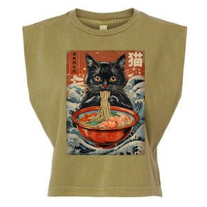 Cat Ramen Japanese Funny Graphic Tees Kawaii Cat Anime Garment-Dyed Women's Muscle Tee