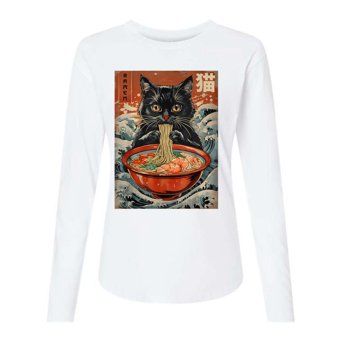 Cat Ramen Japanese Funny Graphic Tees Kawaii Cat Anime Womens Cotton Relaxed Long Sleeve T-Shirt