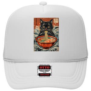 Cat Ramen Japanese Funny Graphic Tees Kawaii Cat Anime High Crown Mesh Back Trucker Hat