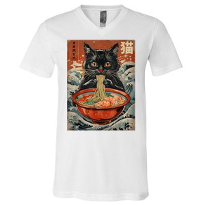 Cat Ramen Japanese Funny Graphic Tees Kawaii Cat Anime V-Neck T-Shirt