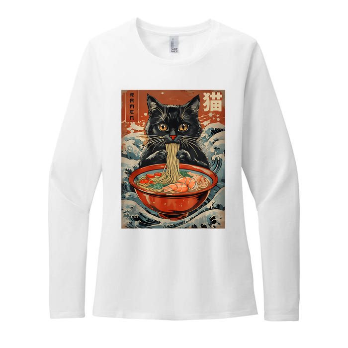 Cat Ramen Japanese Funny Graphic Tees Kawaii Cat Anime Womens CVC Long Sleeve Shirt