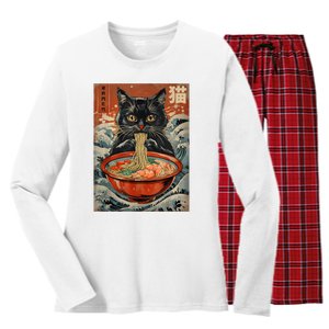 Cat Ramen Japanese Funny Graphic Tees Kawaii Cat Anime Women's Long Sleeve Flannel Pajama Set 