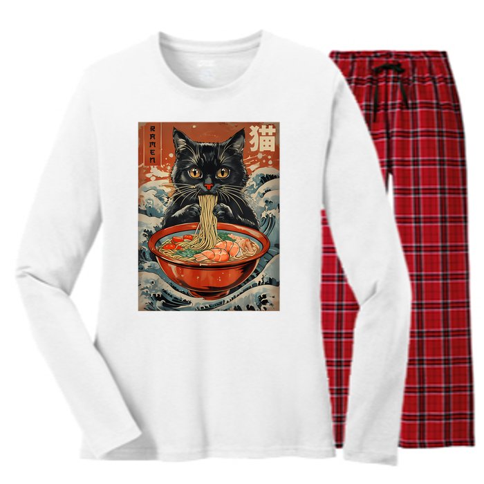 Cat Ramen Japanese Funny Graphic Tees Kawaii Cat Anime Women's Long Sleeve Flannel Pajama Set 