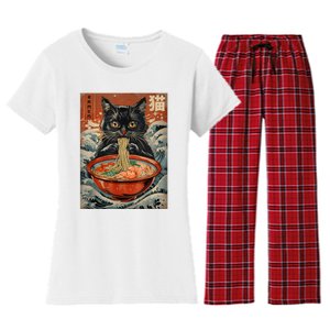 Cat Ramen Japanese Funny Graphic Tees Kawaii Cat Anime Women's Flannel Pajama Set