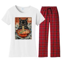 Cat Ramen Japanese Funny Graphic Tees Kawaii Cat Anime Women's Flannel Pajama Set