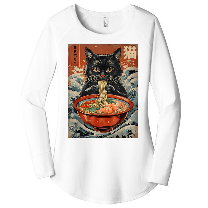 Cat Ramen Japanese Funny Graphic Tees Kawaii Cat Anime Women's Perfect Tri Tunic Long Sleeve Shirt