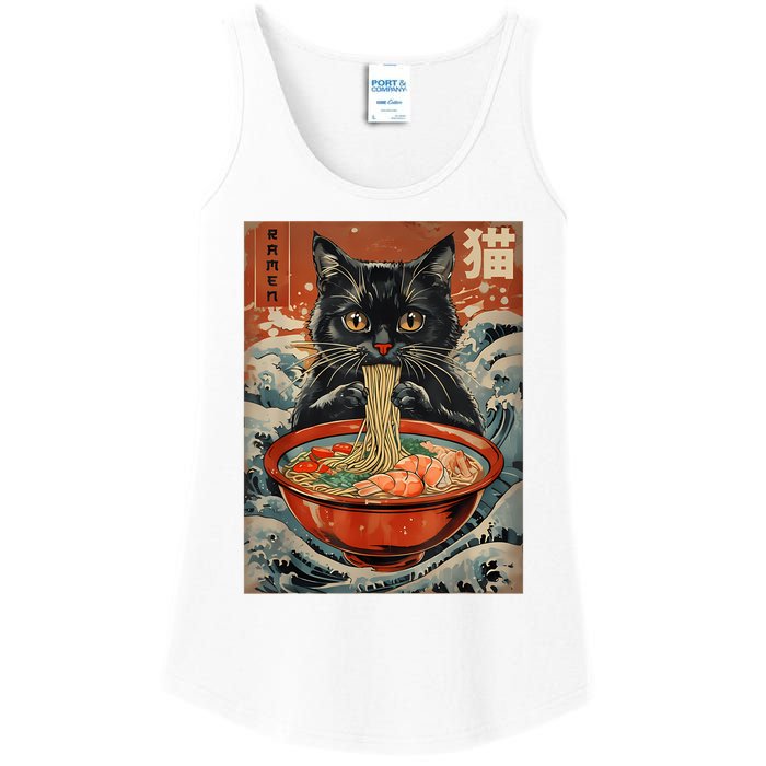 Cat Ramen Japanese Funny Graphic Tees Kawaii Cat Anime Ladies Essential Tank