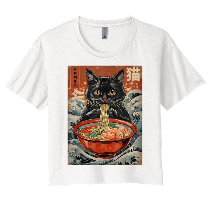 Cat Ramen Japanese Funny Graphic Tees Kawaii Cat Anime Women's Crop Top Tee