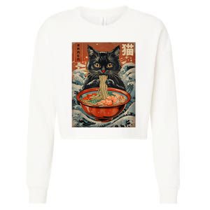 Cat Ramen Japanese Funny Graphic Tees Kawaii Cat Anime Cropped Pullover Crew