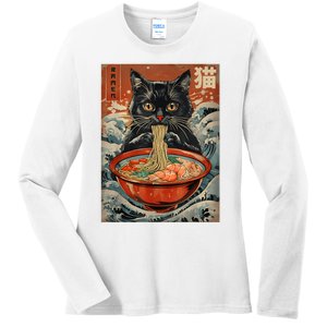 Cat Ramen Japanese Funny Graphic Tees Kawaii Cat Anime Ladies Long Sleeve Shirt