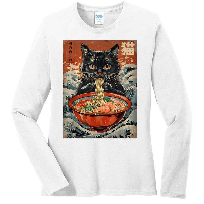 Cat Ramen Japanese Funny Graphic Tees Kawaii Cat Anime Ladies Long Sleeve Shirt