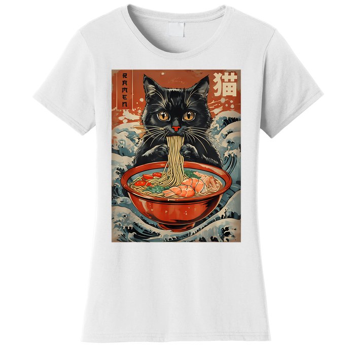 Cat Ramen Japanese Funny Graphic Tees Kawaii Cat Anime Women's T-Shirt