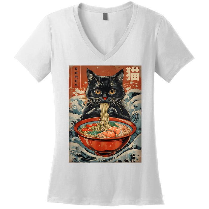 Cat Ramen Japanese Funny Graphic Tees Kawaii Cat Anime Women's V-Neck T-Shirt