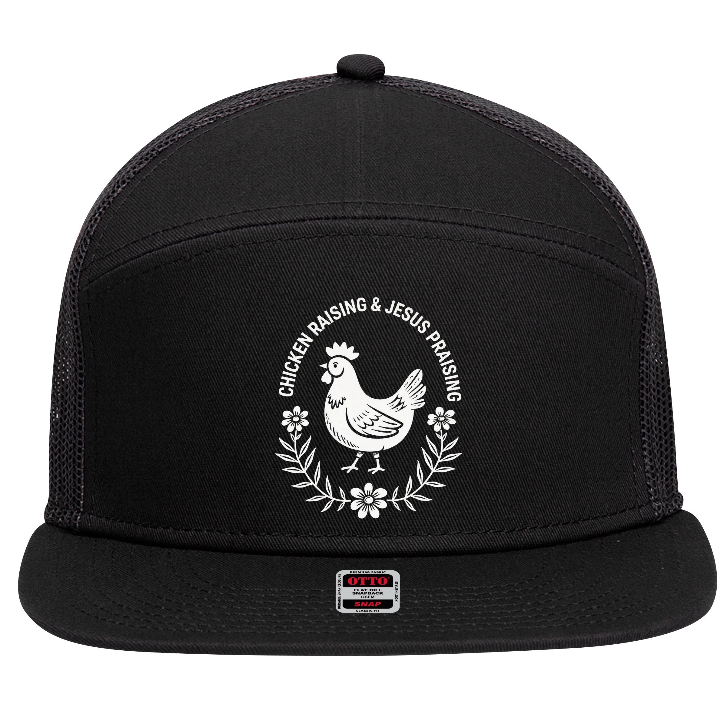 Chicken Raising & Jesus Praising 7 Panel Mesh Trucker Snapback Hat
